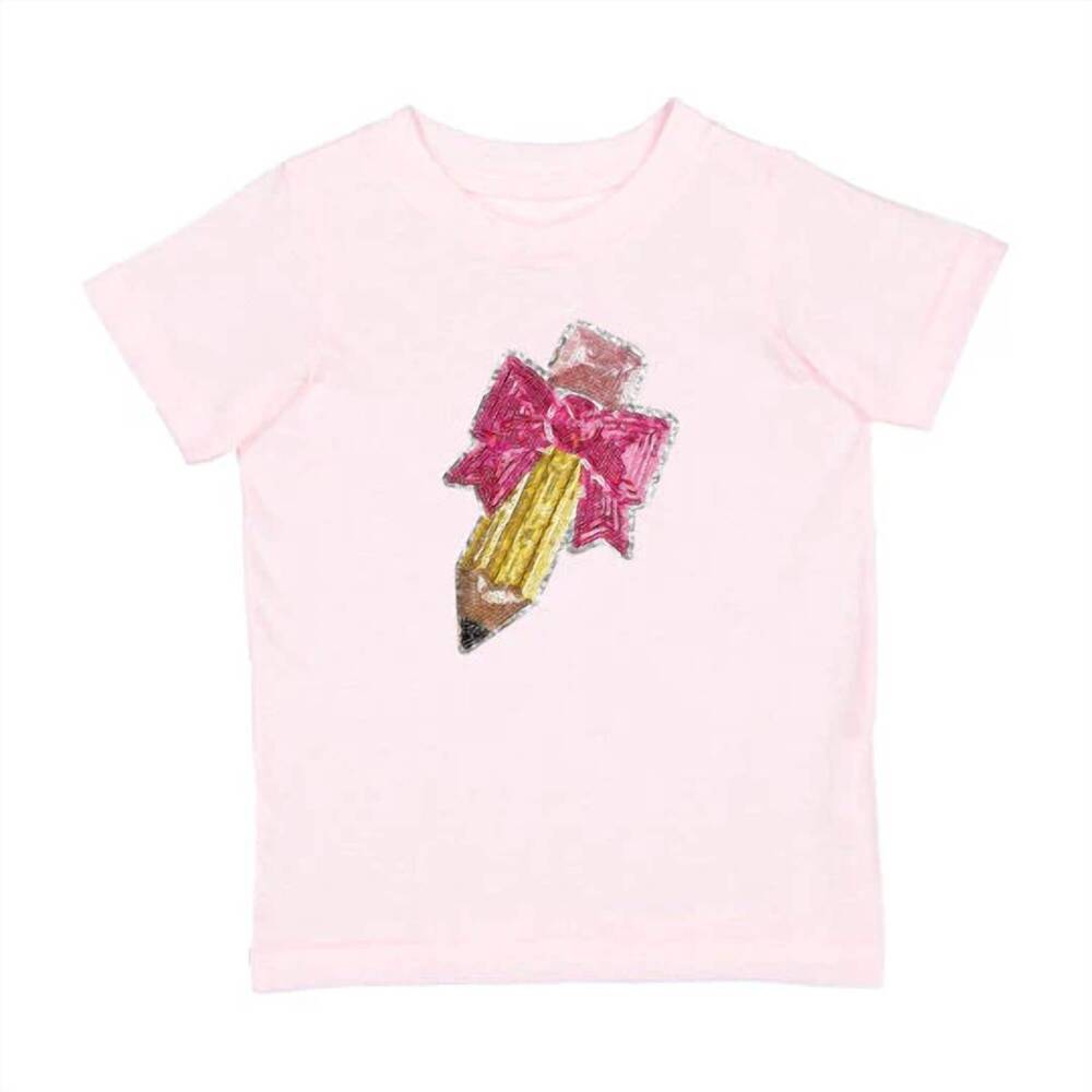 NEW SWEET WINK kid's pencil bow sequin patch t-shirt in ballet pink